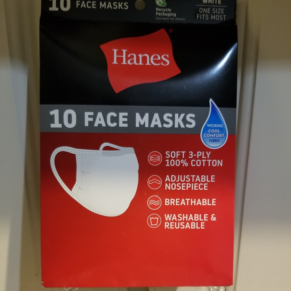 10 Pack Hanes Reusable Washable White Cotton Masks NEW